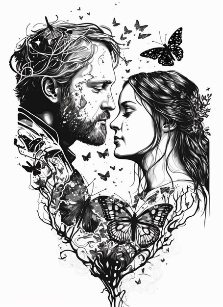 A drawing of a man and woman with butterflies on their faces.