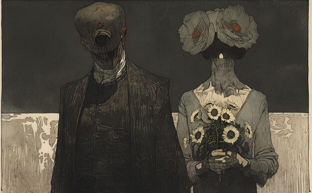 Photo a drawing of a man and woman with a mask on their head and the words  the artist