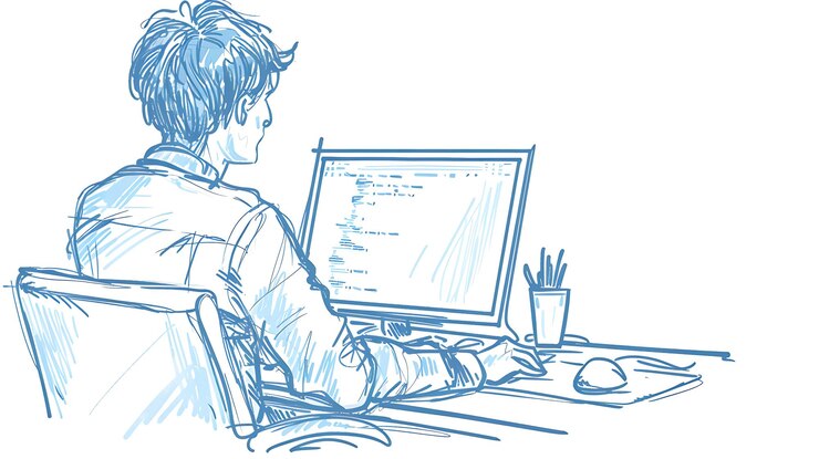 Photo a drawing of a man working on a computer with a cup of coffee and a mug of coffee