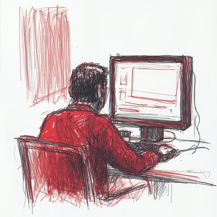 Photo a drawing of a man working on a computer with a red shirt on