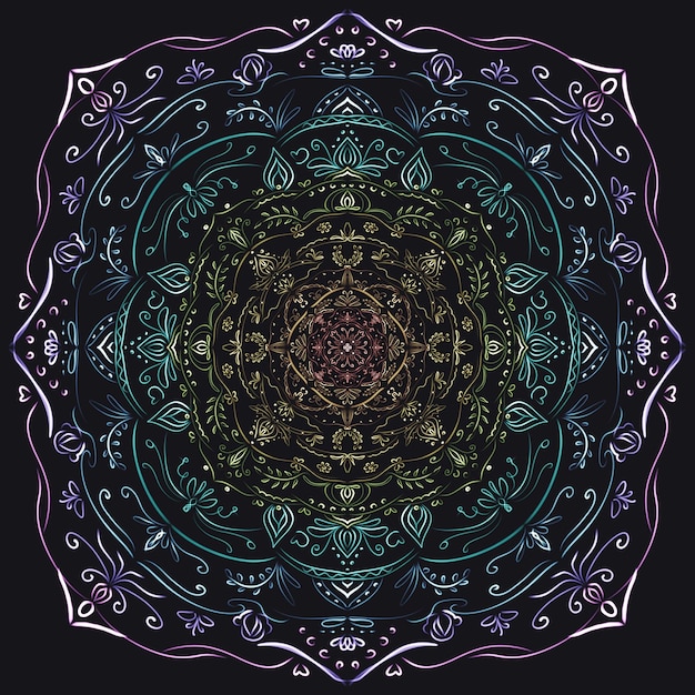 drawing mandala of neon color on a dark background, an ornament in the indian style