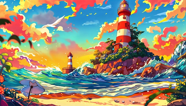 Drawing in manga style red and white lighthouse Generative AI