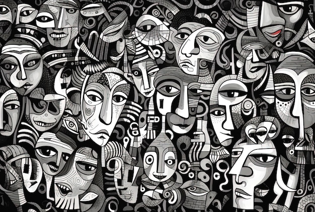 a drawing of many faces and lines in the style of playful motifs