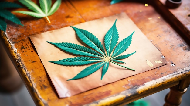 a drawing of a marijuana leaf on a table