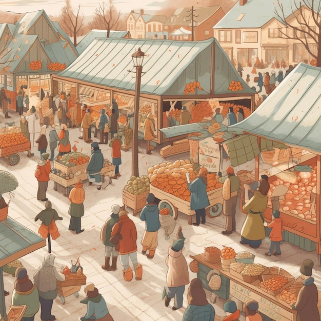 A drawing of a market with a lot of people and a sign that says " the word " on it. "