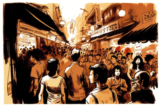 A drawing of a market with a sign that says'koya'on it