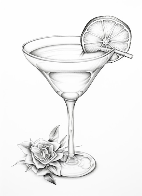 Photo a drawing of a martini glass with a slice of lemon on the rim generative ai