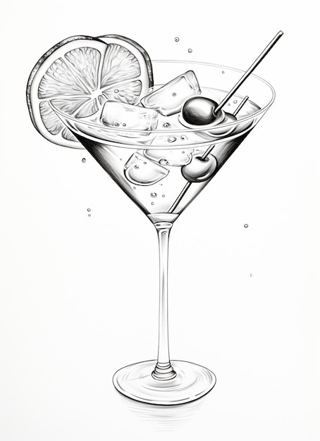 Photo drawing of a martini with a slice of lemon and a straw generative ai