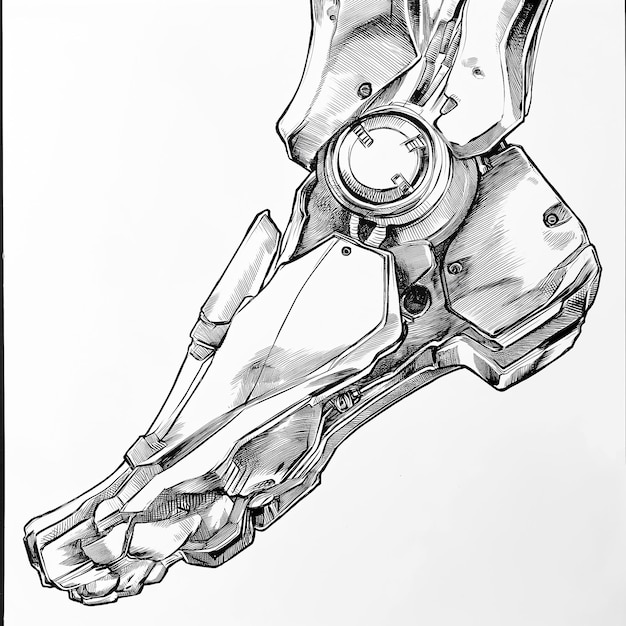 Drawing of a mechanical hand with a watch on it Foot