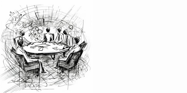 A drawing of a meeting room with a group of people around a table.