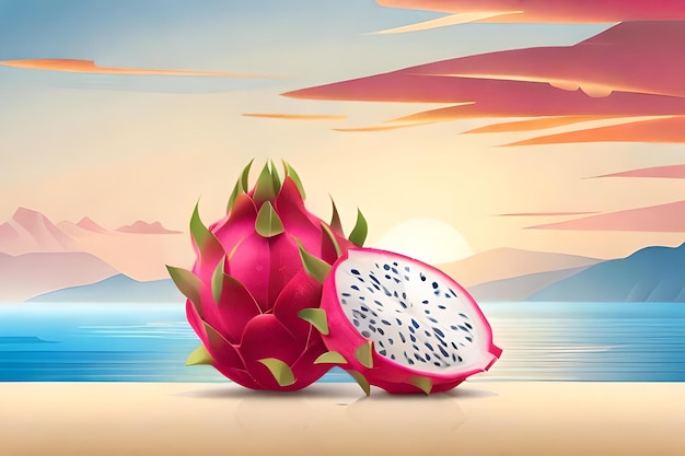 A drawing of a melon with a tropical background.