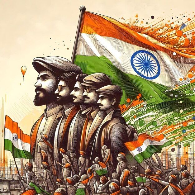 Photo a drawing of men in front of a flag that says india independence day