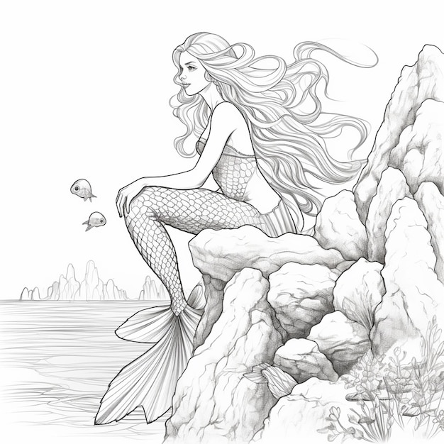 a drawing of a mermaid sitting on a rock with fish generative ai