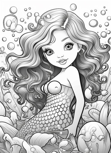 A drawing of a mermaid with long hair and a fish tail generative ai