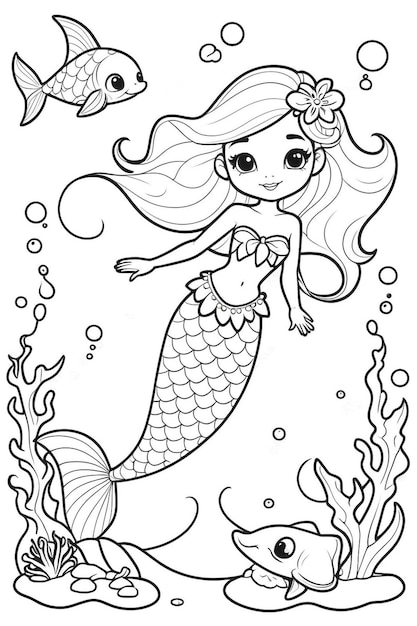 a drawing of a mermaid with long hair and fish