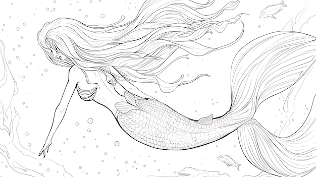 Photo a drawing of a mermaid with long hair and a long tail