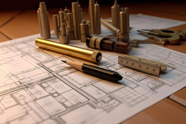 A drawing of a metal ruler and a ruler on top of a table.