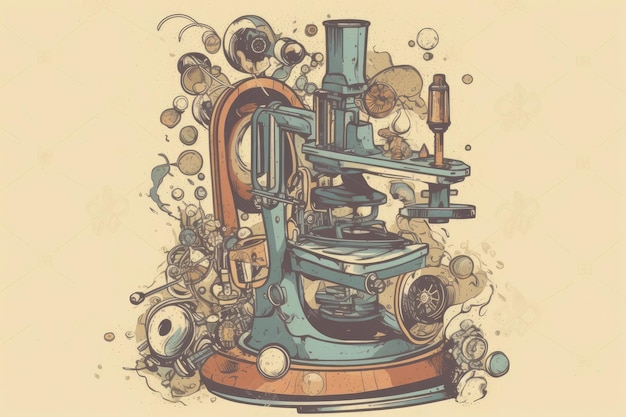 A drawing of a microscope with a blue background and a lot of bubbles.