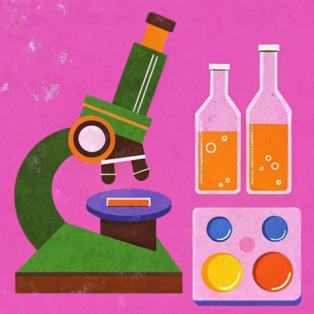 a drawing of a microscope with bottles of liquid in it