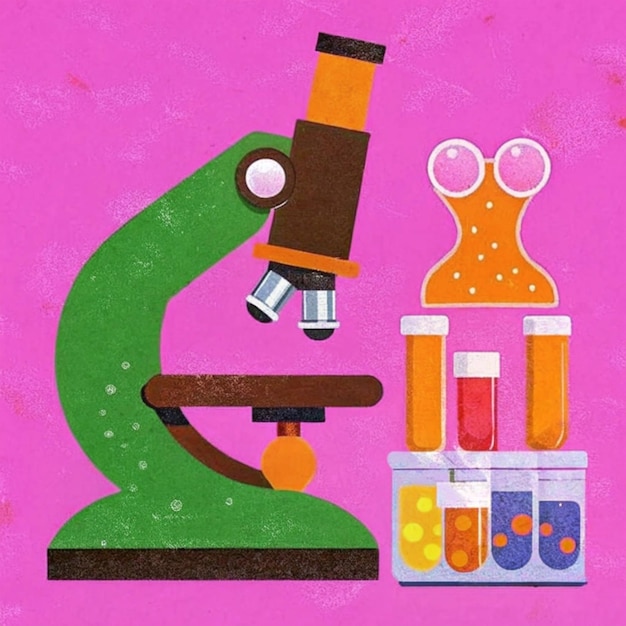 a drawing of a microscope with a picture of a bottle of liquid and a bottle of liquid