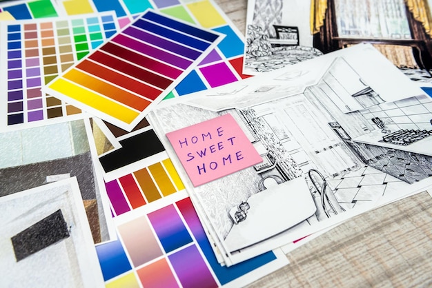 Drawing modern home with sample material on creative desk, at office. House repair or decoration concept