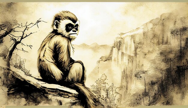 A drawing of a monkey sitting on a cliff