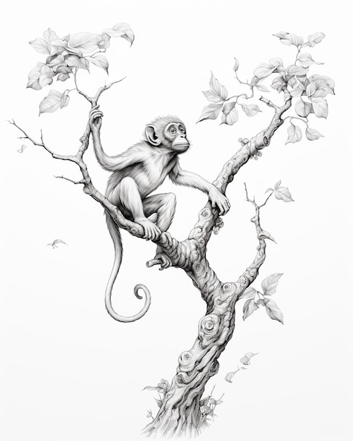 a drawing of a monkey sitting on a tree branch with leaves generative ai