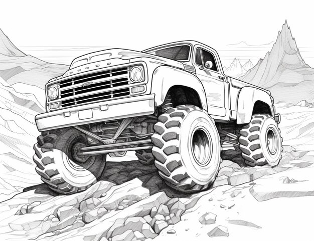 a drawing of a monster truck driving on a rocky road generative ai