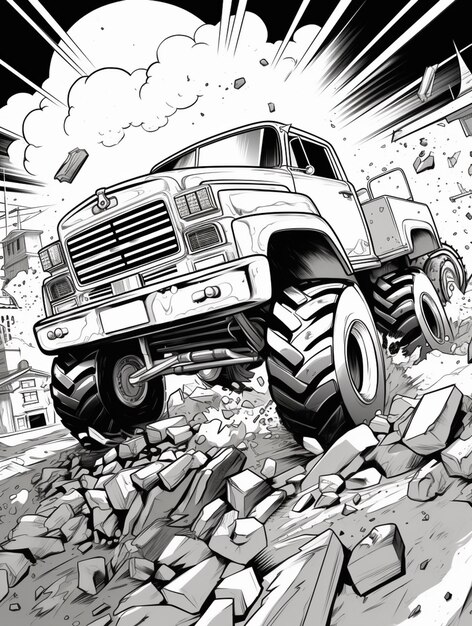 A drawing of a monster truck is driving through a pile of rocks generative ai