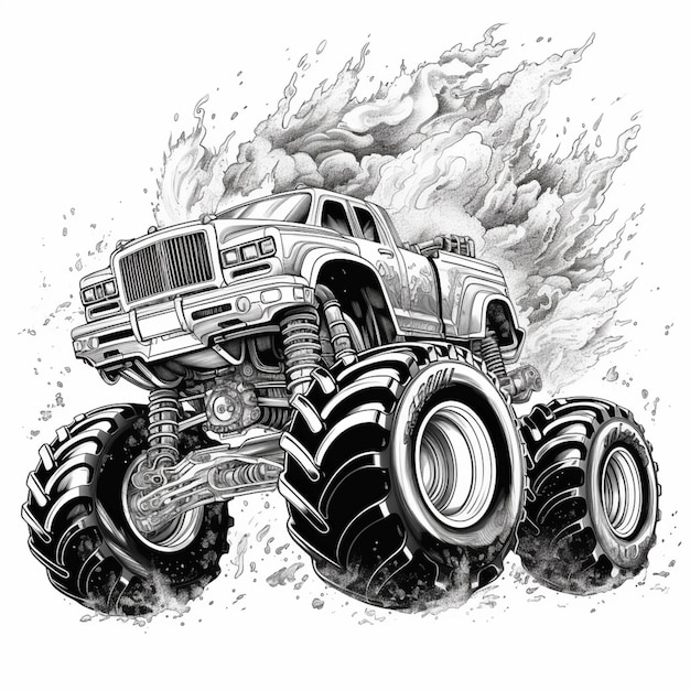 A drawing of a monster truck with a huge tire on it generative ai