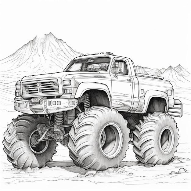 砂漠で巨大なタイヤを搭載したモンスタートラックの絵