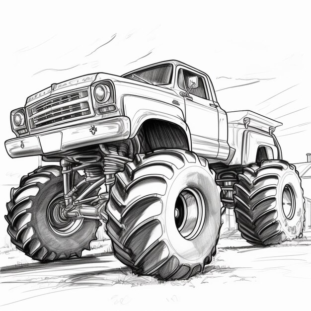 Premium AI Image | a drawing of a monster truck with huge tires on a dirt  road generative ai