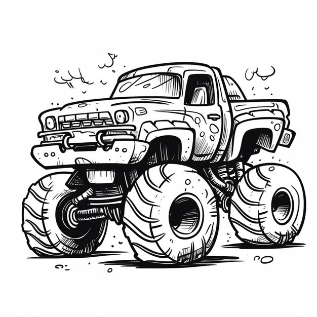 a drawing of a monster truck with large tires on a road generative ai