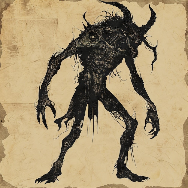 a drawing of a monster with a black head and horns