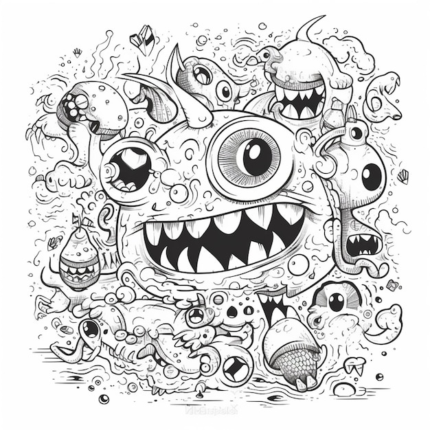 A drawing of a monster with a lot of different things and the words " monster " on the bottom.