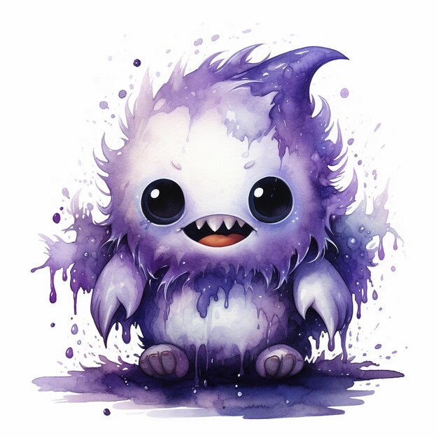 A drawing of a monster with purple eyes and purple hair.