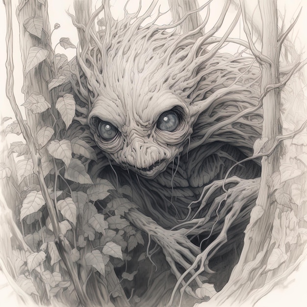 a drawing of a monster with a tree in the background.