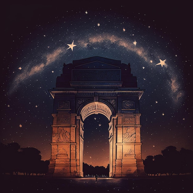 A drawing of a monument with the milky way in the background.