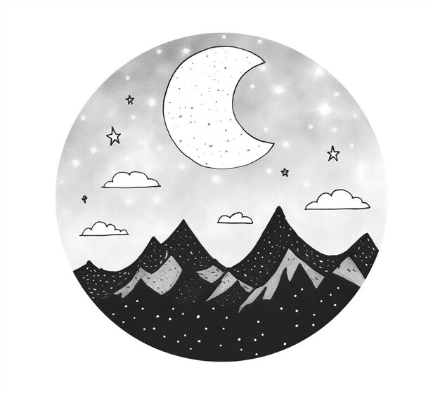 Foto un disegno di una luna e montagne con uno sfondo celeste generativo ai