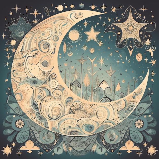 A drawing of a moon with a city and stars on it.