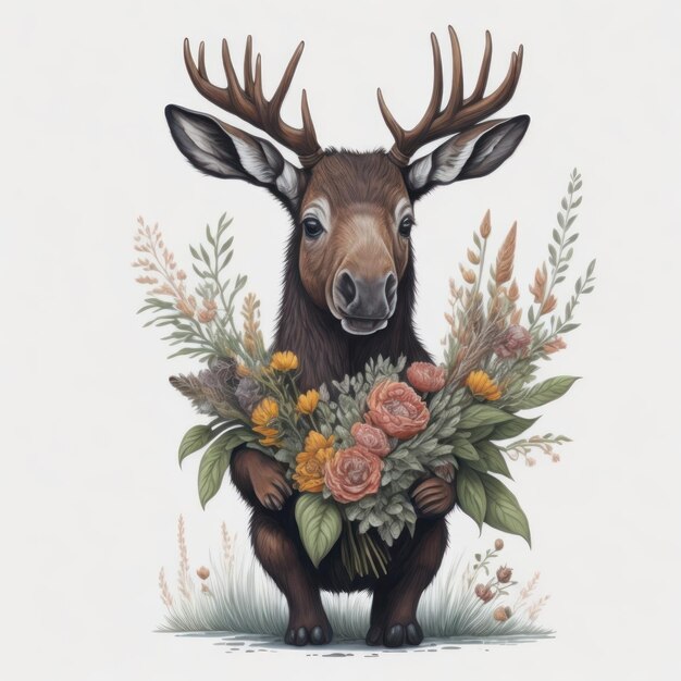 A drawing of a moose holding flowers that says " the word moose " on it.