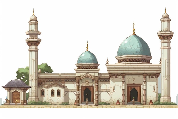 a drawing of a mosque with a blue dome and a green dome.