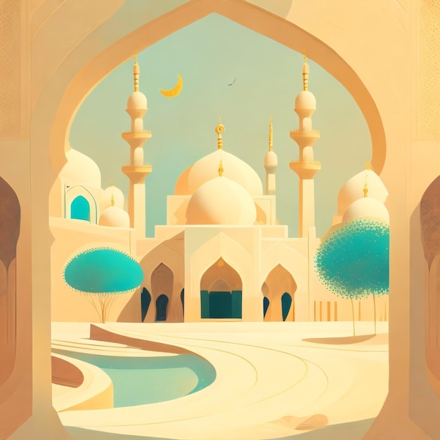 Рисунок мечети с голубым небом и деревьями на заднем плане.
