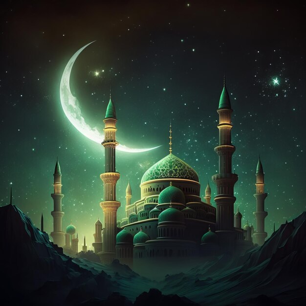 Photo a drawing of a mosque with a crescent moon in the background