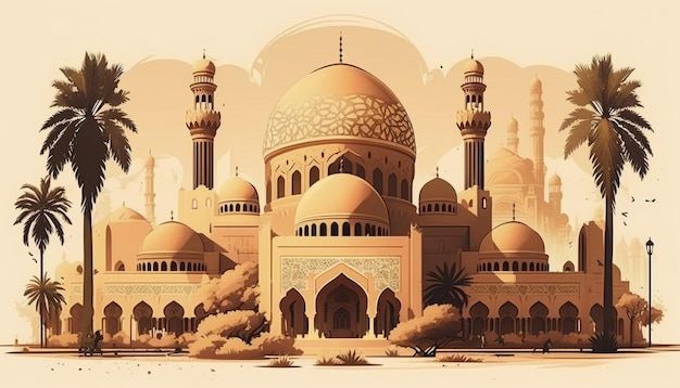 A drawing of a mosque with a large dome and the words'al adha'on the top