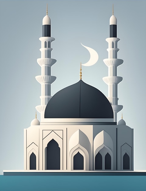 A drawing of a mosque with a moon and a crescent moon on the top.