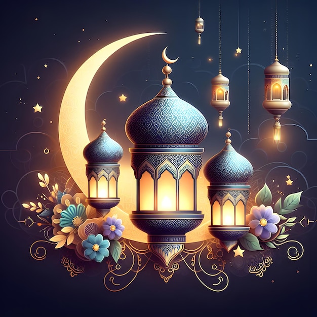 a drawing of a mosque with a moon and lanterns