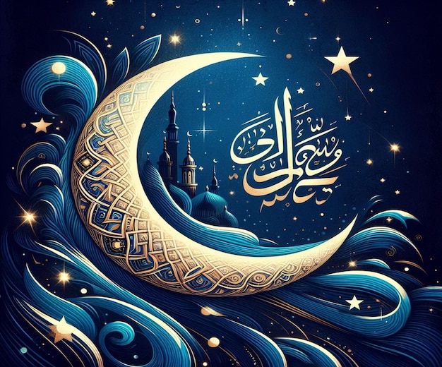 달 꼭대기에 모스크가 있는 모스크의 그림