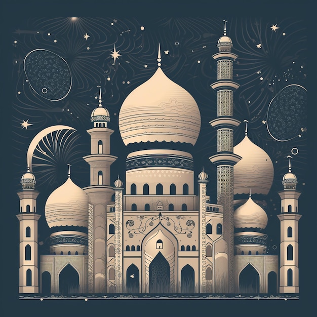 A drawing of a mosque with a star on the top.