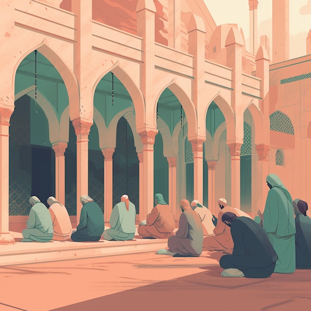 A drawing of a mosque with a woman praying in front of it
